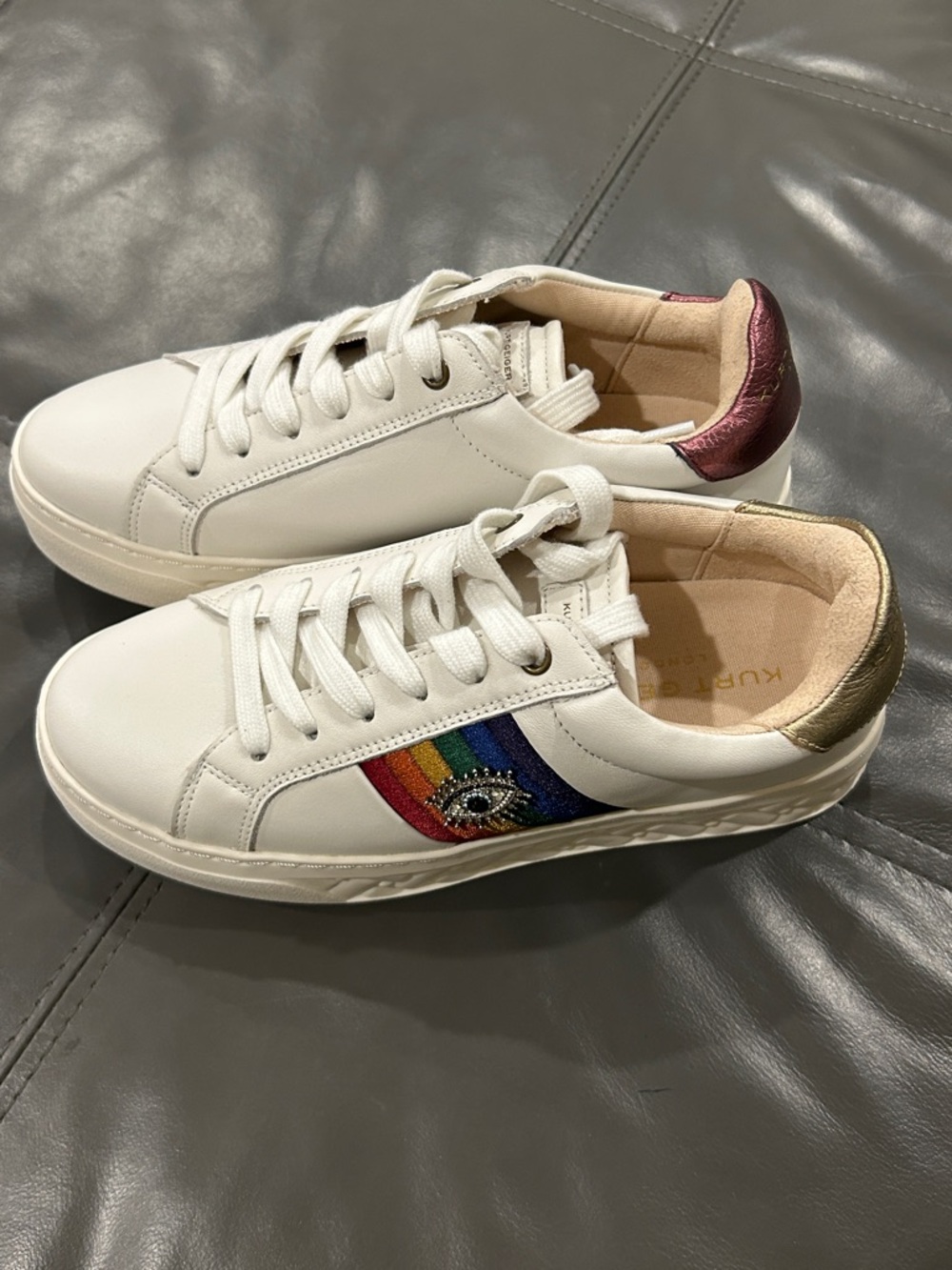 Kurt Geiger White Sneakers with Rainbow Eye Stripe and Metallic Heels